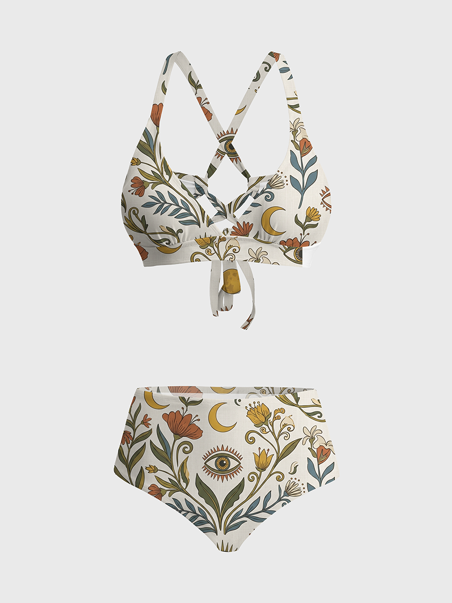 Vintag Boho Flowers With Mystical Eyes And Moon Strappy Two-Piece Swimsuit