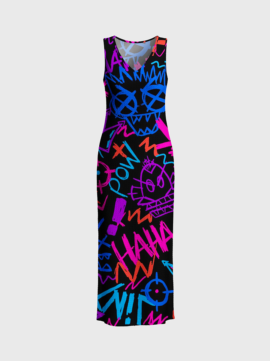 Vibrant Street Graffiti Cartoon Open Stitch Midi Dress
