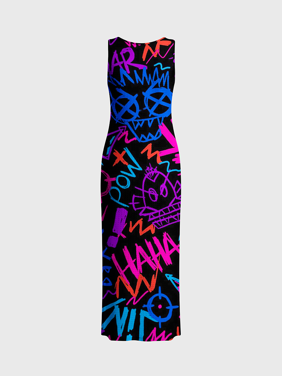 Vibrant Street Graffiti Cartoon Open Stitch Midi Dress