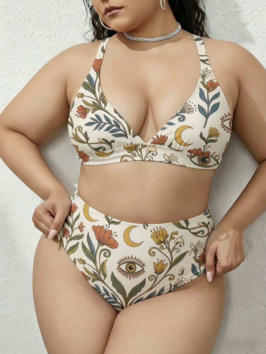 Vintag Boho Flowers With Mystical Eyes And Moon Strappy Two-Piece Swimsuit
