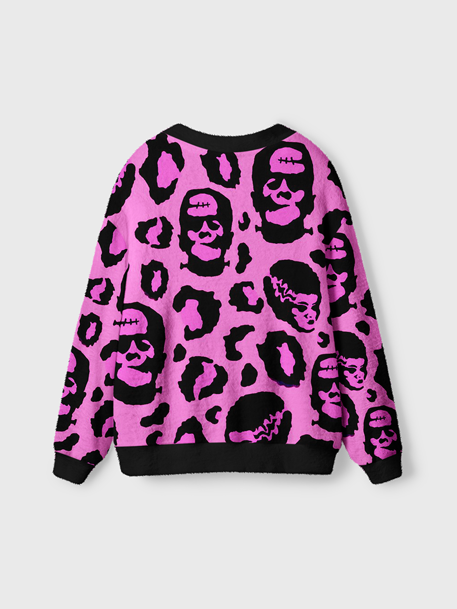 Vintage Leopard Print Frankenstein Monster Heads Cardigan Sweaters