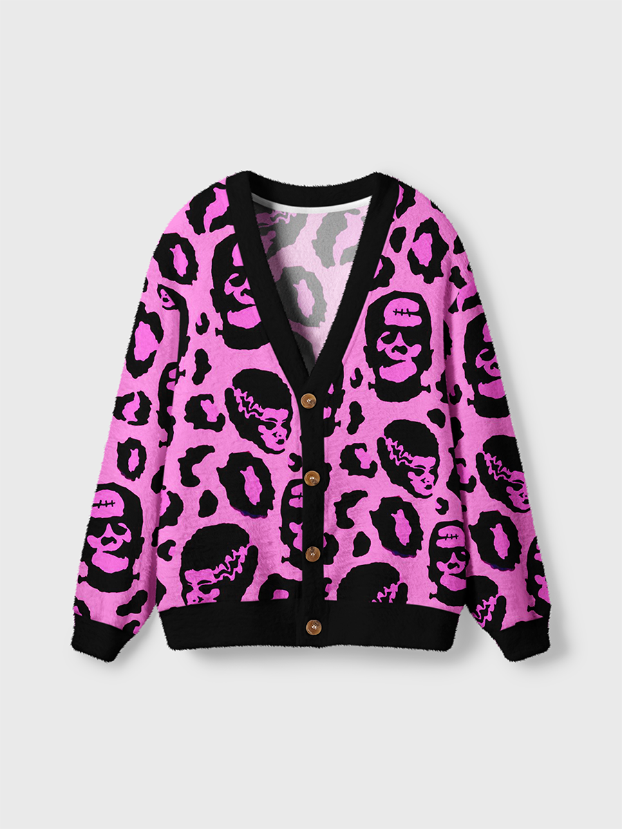 Vintage Leopard Print Frankenstein Monster Heads Cardigan Sweaters