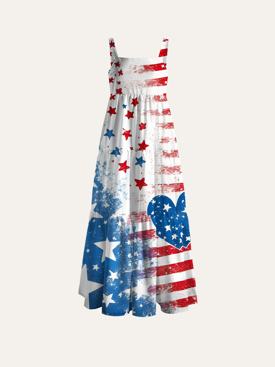 Usa Patriotic Distressed Adjustable Wide Straps Maxi Dress