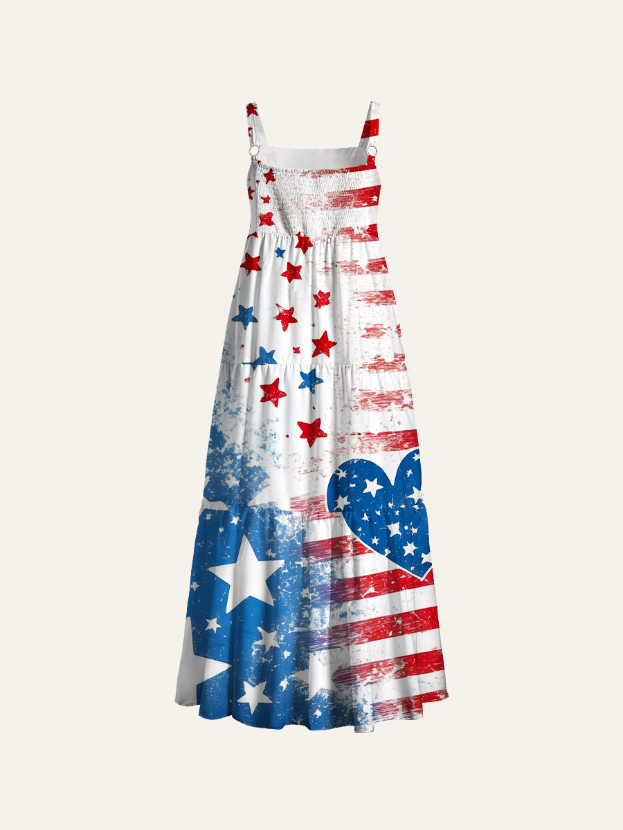 Usa Patriotic Distressed Adjustable Wide Straps Maxi Dress
