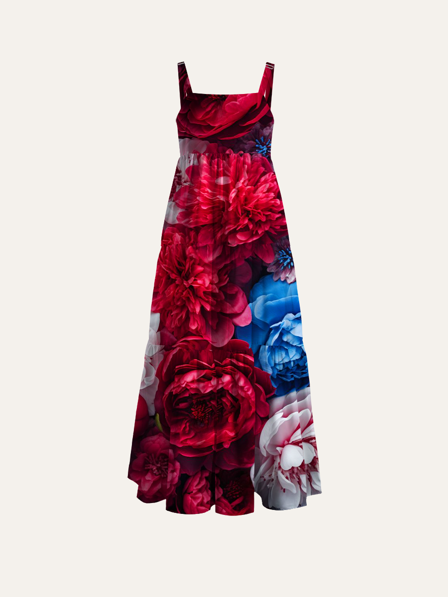 Patriotic Red-White-Blue Adjustable Wide Straps Maxi Dress