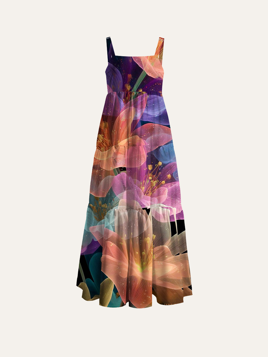 Sheer Mesh Translucent Floral Adjustable Wide Straps Maxi Dress