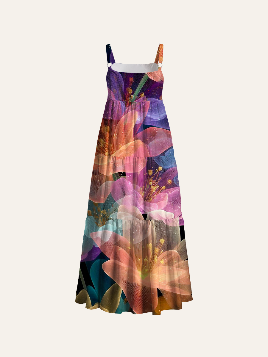 Sheer Mesh Translucent Floral Adjustable Wide Straps Maxi Dress