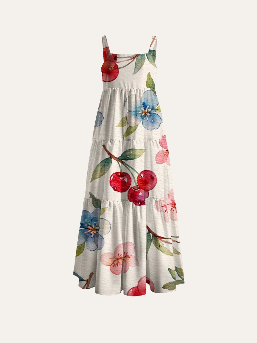 Cottagecore Botanical Adjustable Wide Straps Maxi Dress