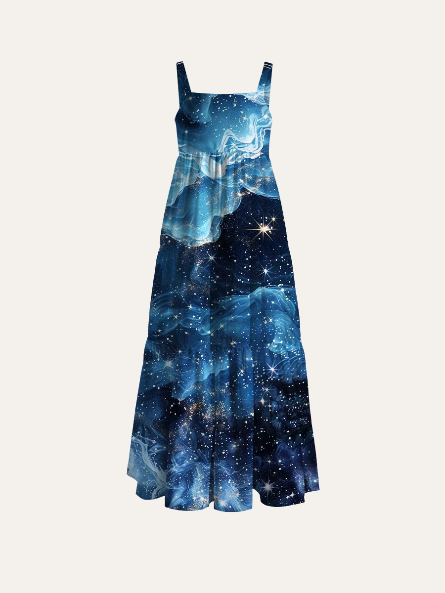 Dreamy Starry Sky Aesthetic Adjustable Wide Straps Maxi Dress