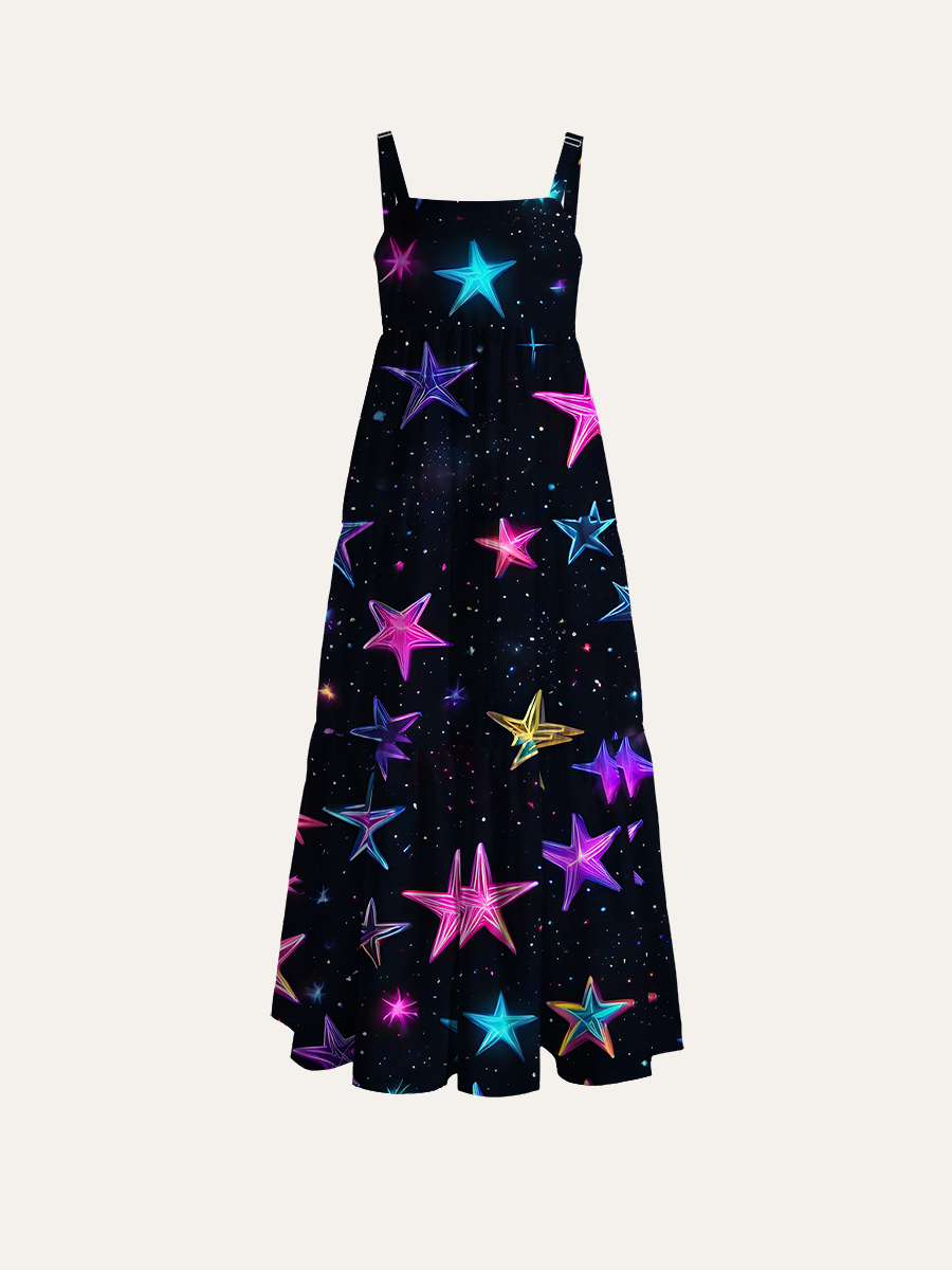 Y2K Holographic Star Adjustable Wide Straps Maxi Dress