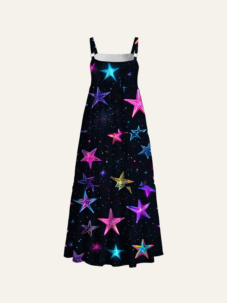Y2K Holographic Star Adjustable Wide Straps Maxi Dress