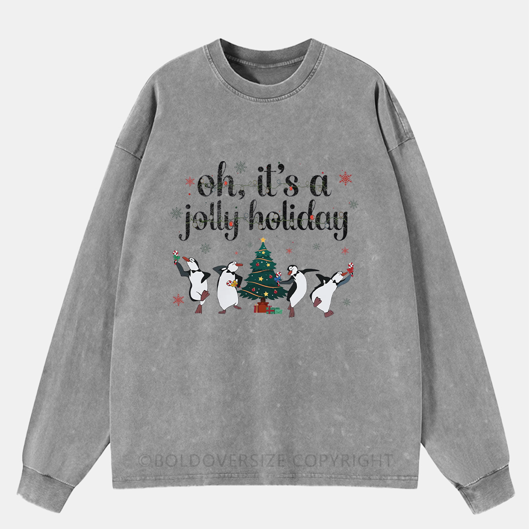 Oh It'S A Jolly Holiday Santa Penguins Christmas Light Washed Long Sleeve Shirt