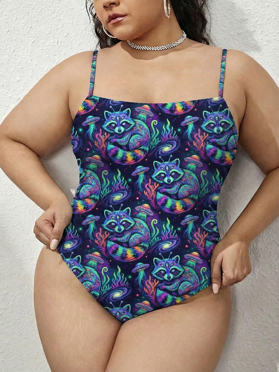 Vintage Psychedelic Alien Raccon One Piece Slim-Strap Swimsuit