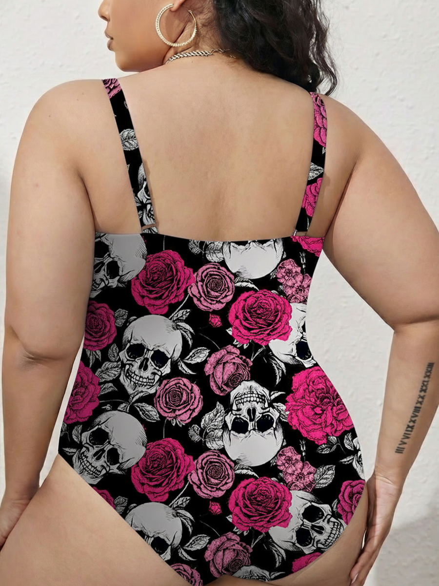 Vintage Skull & Pink Floral Pattern Gathered Swimsuit