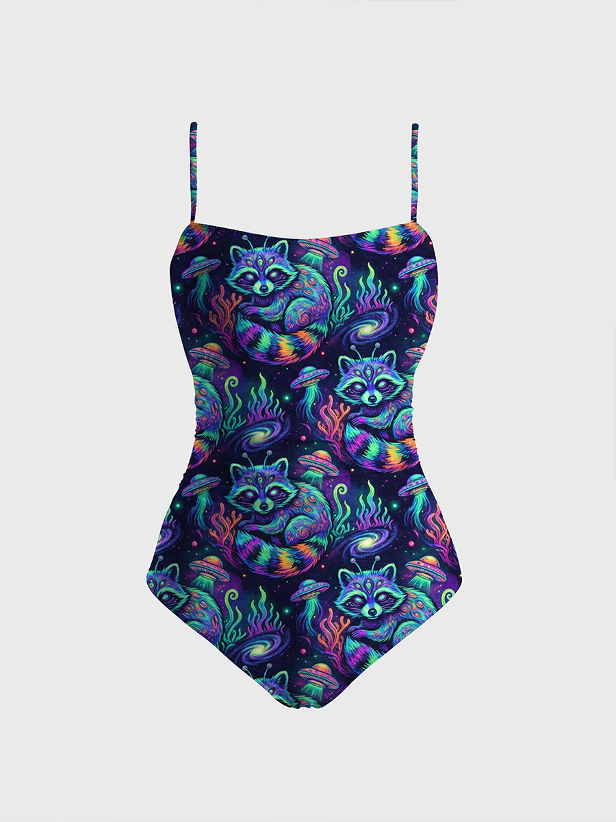 Vintage Psychedelic Alien Raccon One Piece Slim-Strap Swimsuit