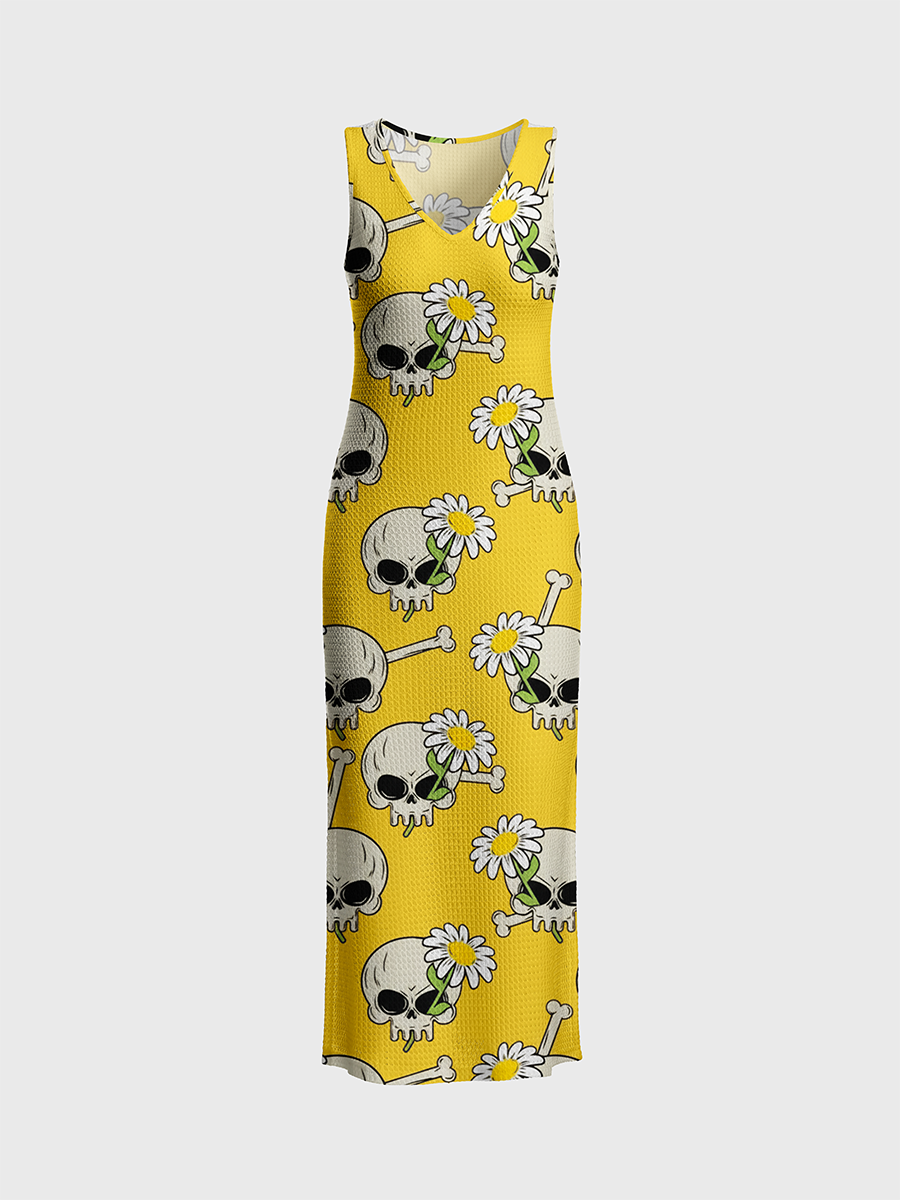 Skull Daisy Gothic Flat Open Stitch Midi Dress