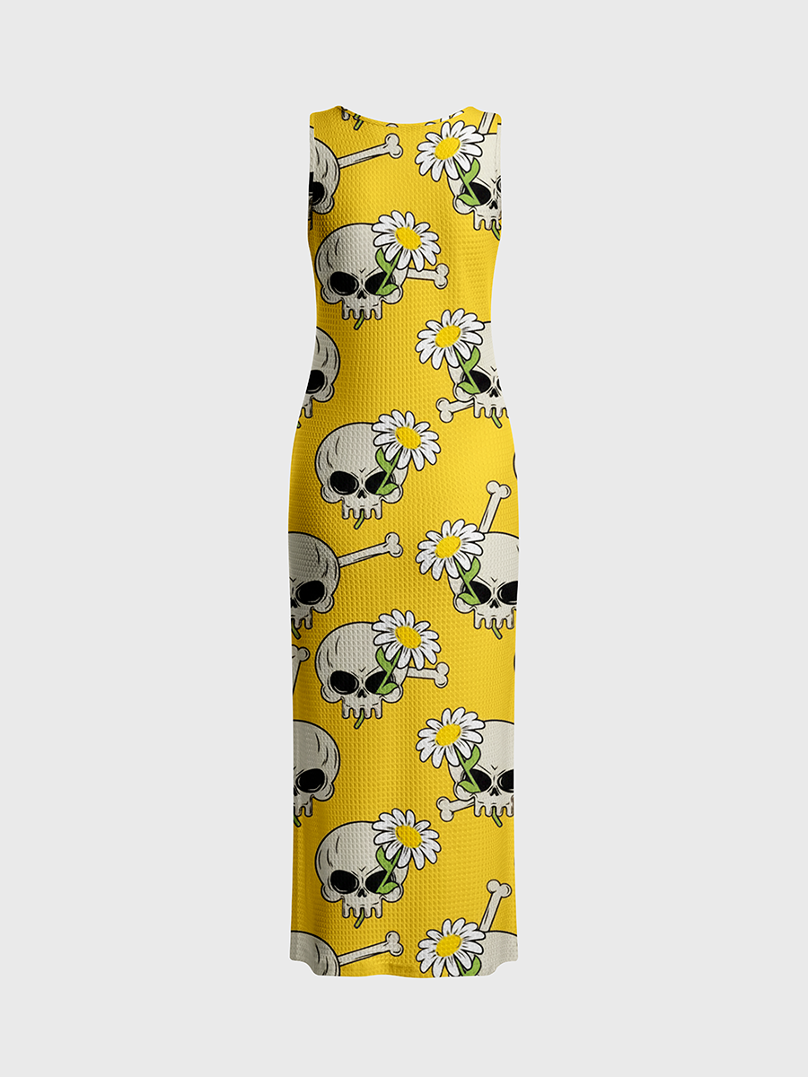 Skull Daisy Gothic Flat Open Stitch Midi Dress