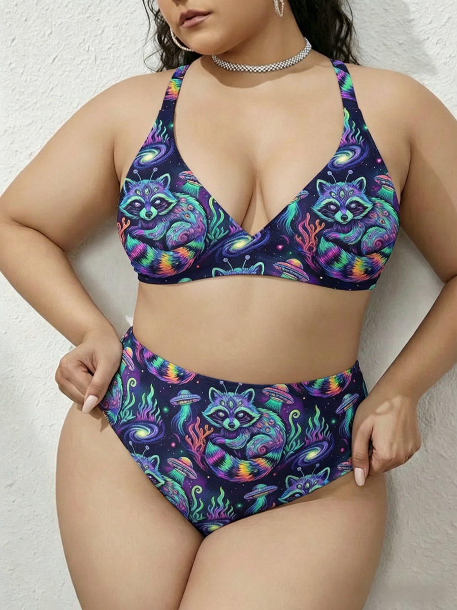 Vintage Psychedelic Alien Raccon Strappy Two-Piece Swimsuit