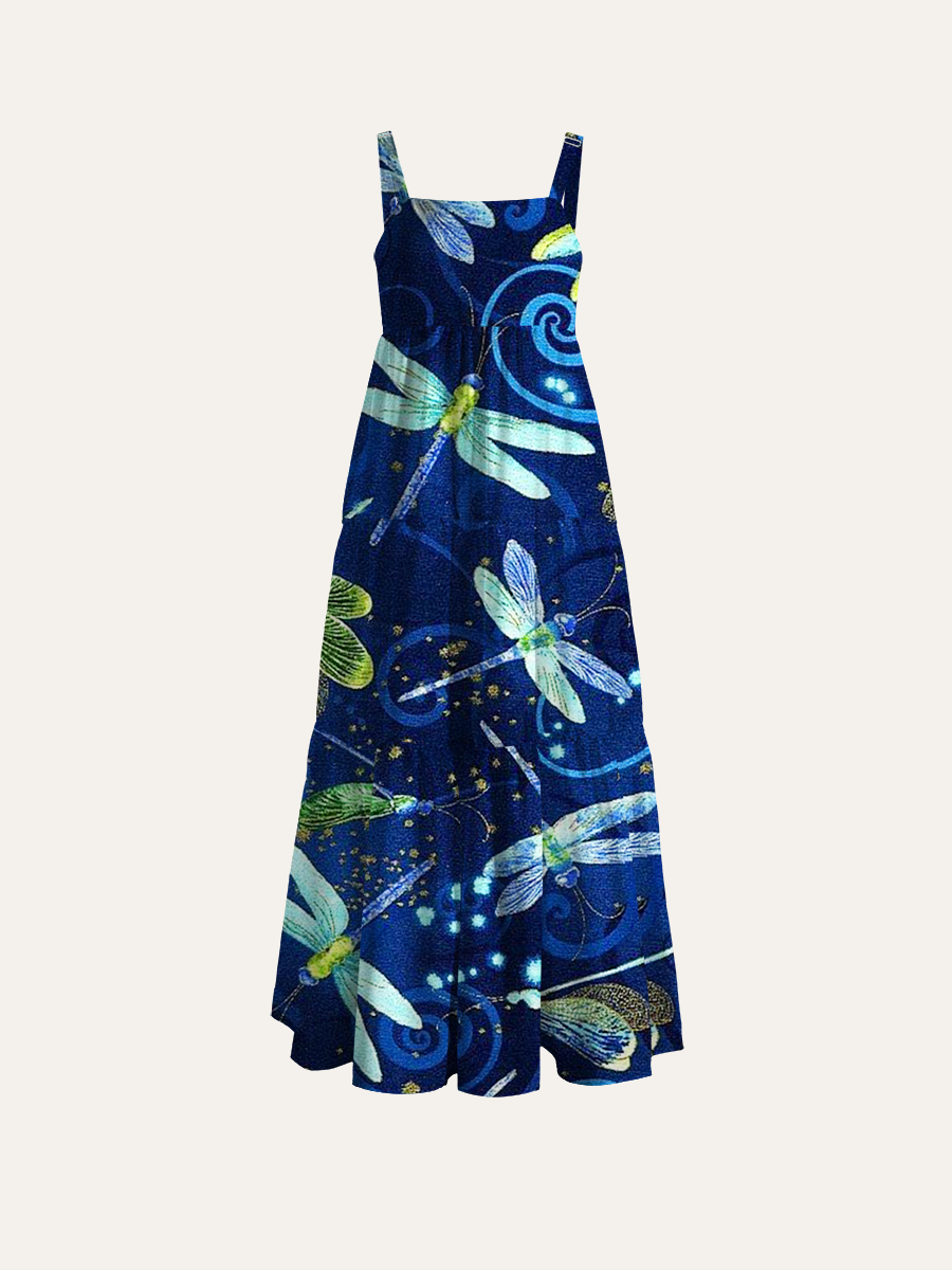 Whimsical Dragonfly Adjustable Wide Straps Maxi Dress