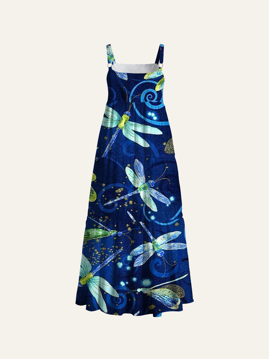 Whimsical Dragonfly Adjustable Wide Straps Maxi Dress