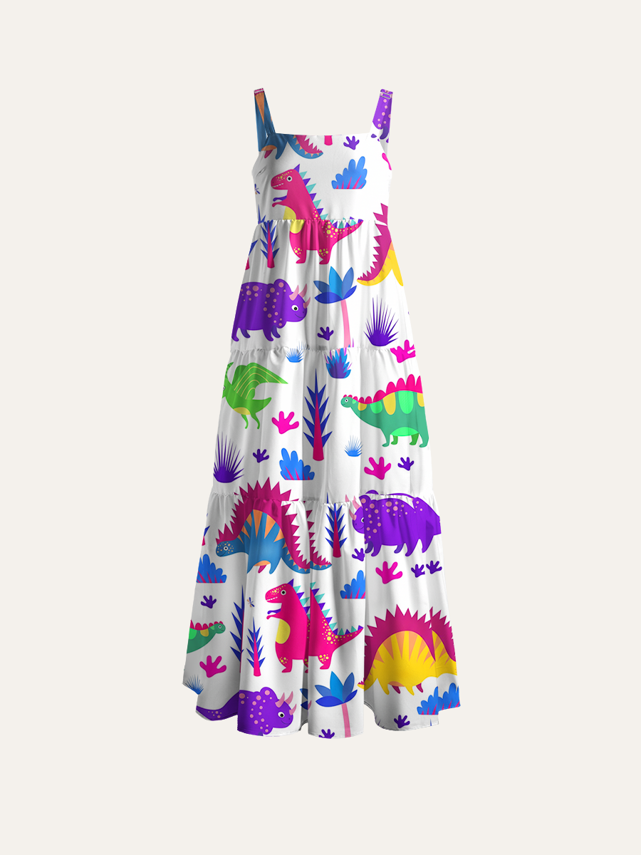 Pastel Neon Dinosaur Adjustable Wide Straps Maxi Dress