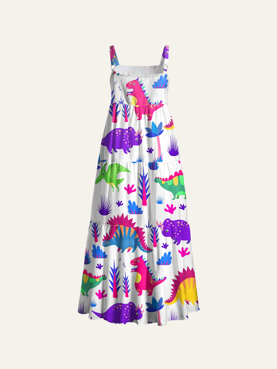 Pastel Neon Dinosaur Adjustable Wide Straps Maxi Dress