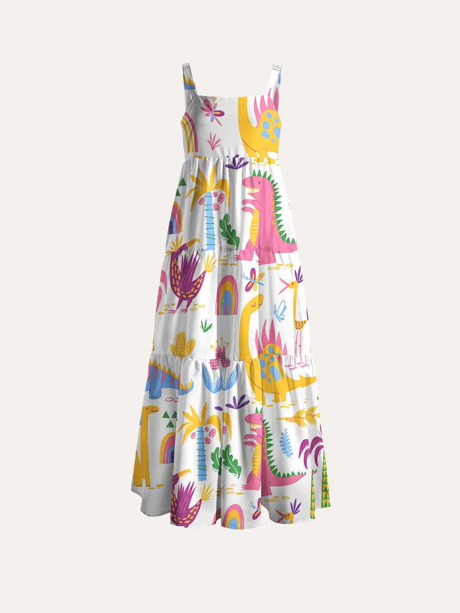 Kawaii Prehistoric Dinosaur Adjustable Wide Straps Maxi Dress