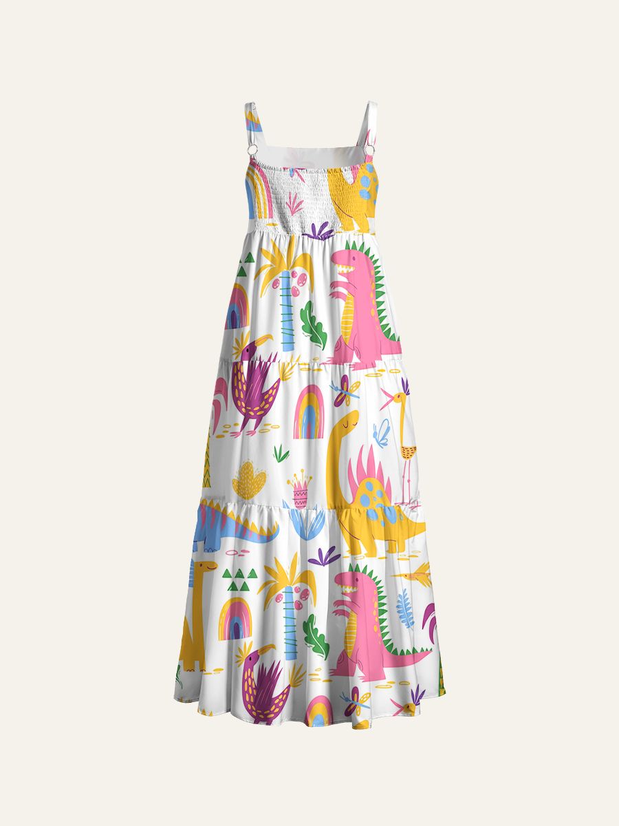 Kawaii Prehistoric Dinosaur Adjustable Wide Straps Maxi Dress