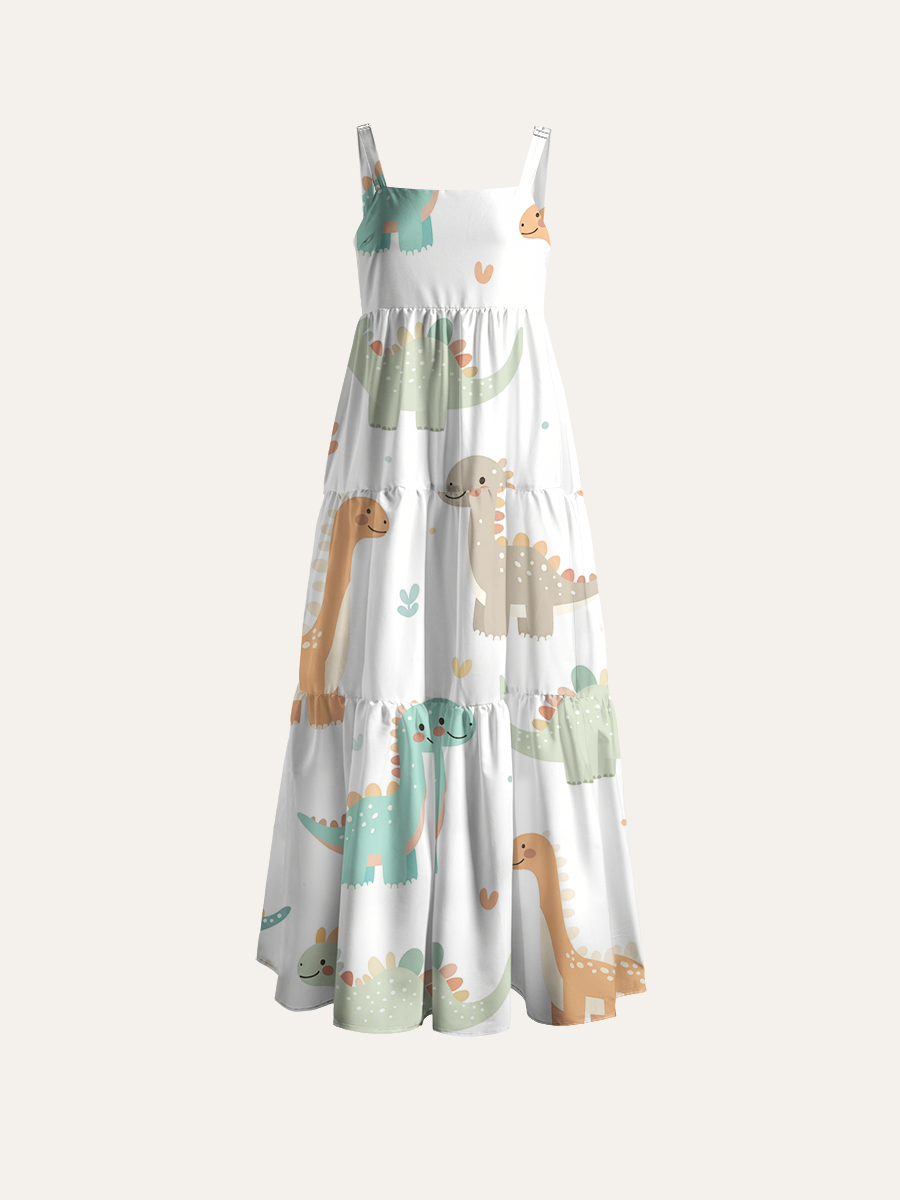 Soft Muted Dinosaur Adjustable Wide Straps Maxi Dress