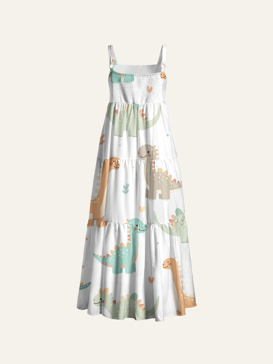 Soft Muted Dinosaur Adjustable Wide Straps Maxi Dress