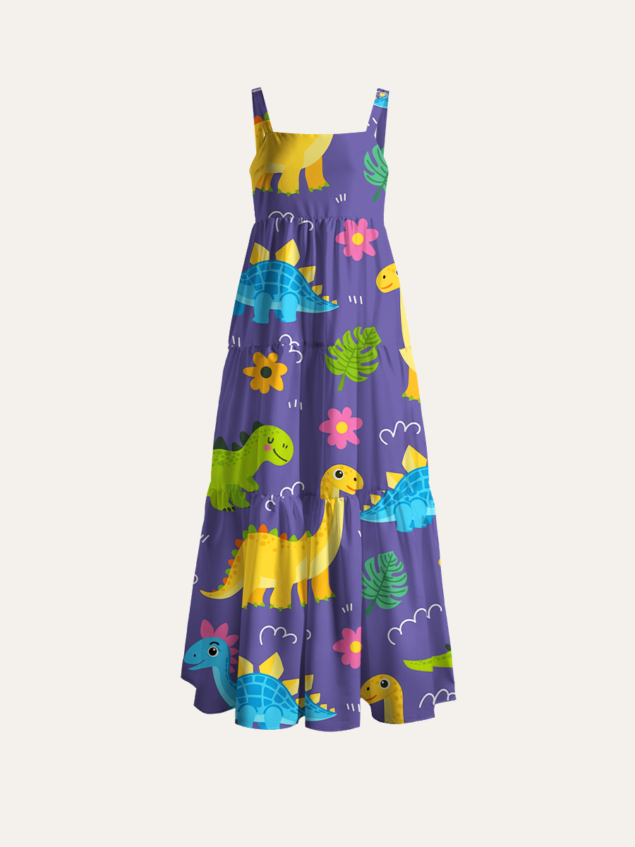 Bold Cartoon Dinosaur Adjustable Wide Straps Maxi Dress