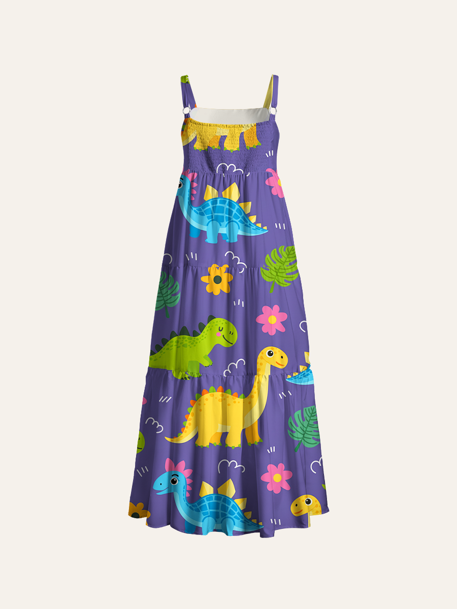 Bold Cartoon Dinosaur Adjustable Wide Straps Maxi Dress