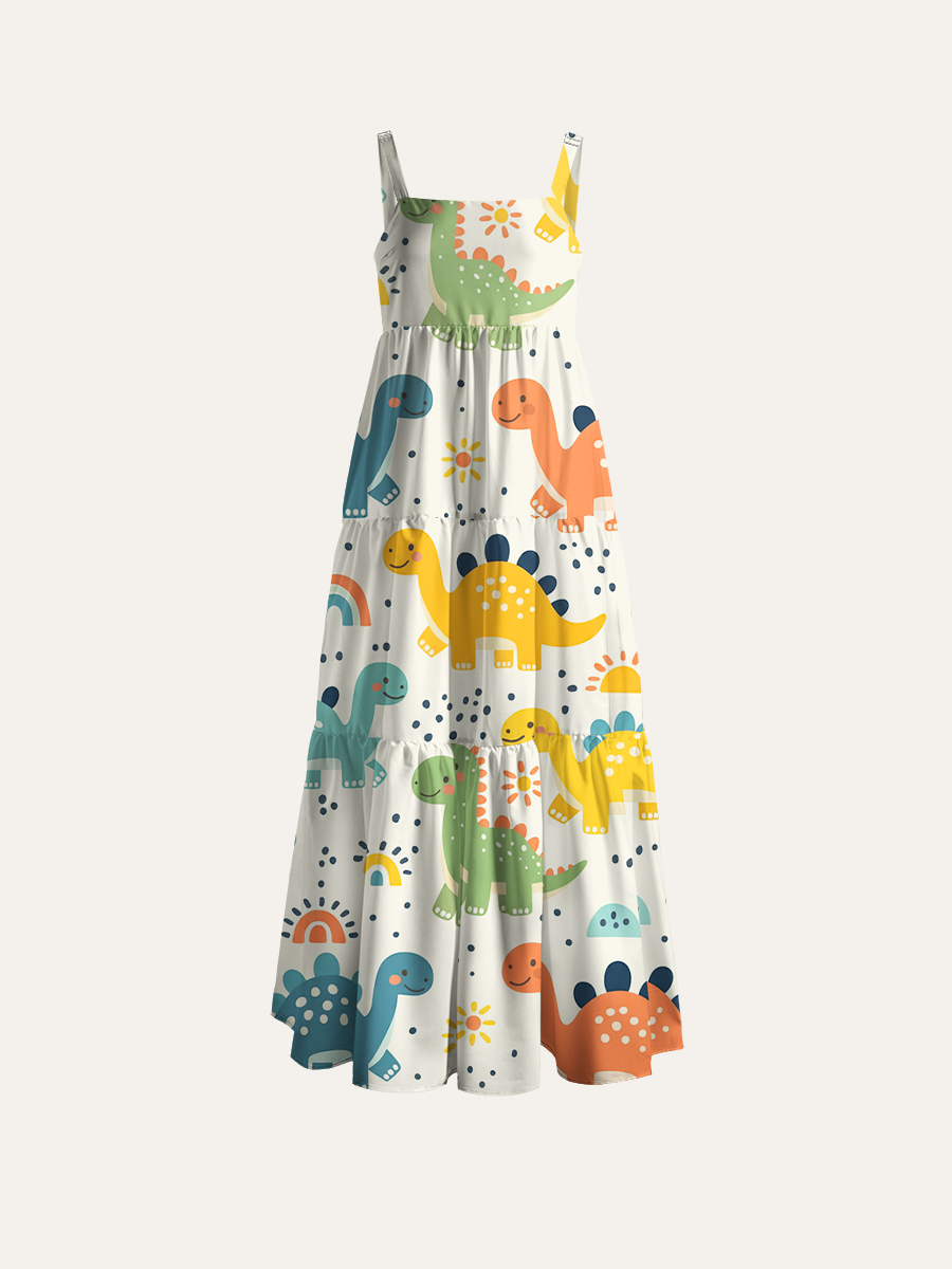Soft Dinosaur Adjustable Wide Straps Maxi Dress