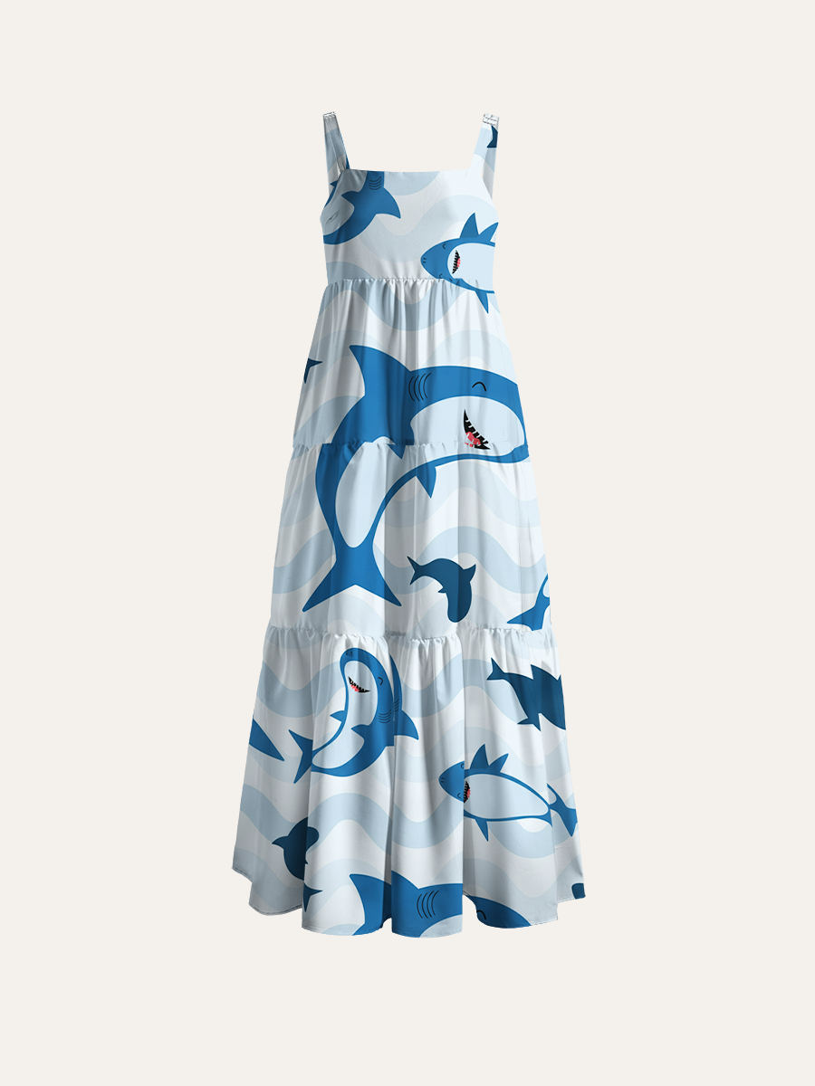 Cute Cartoon Shark Adjustable Wide Straps Maxi Dress