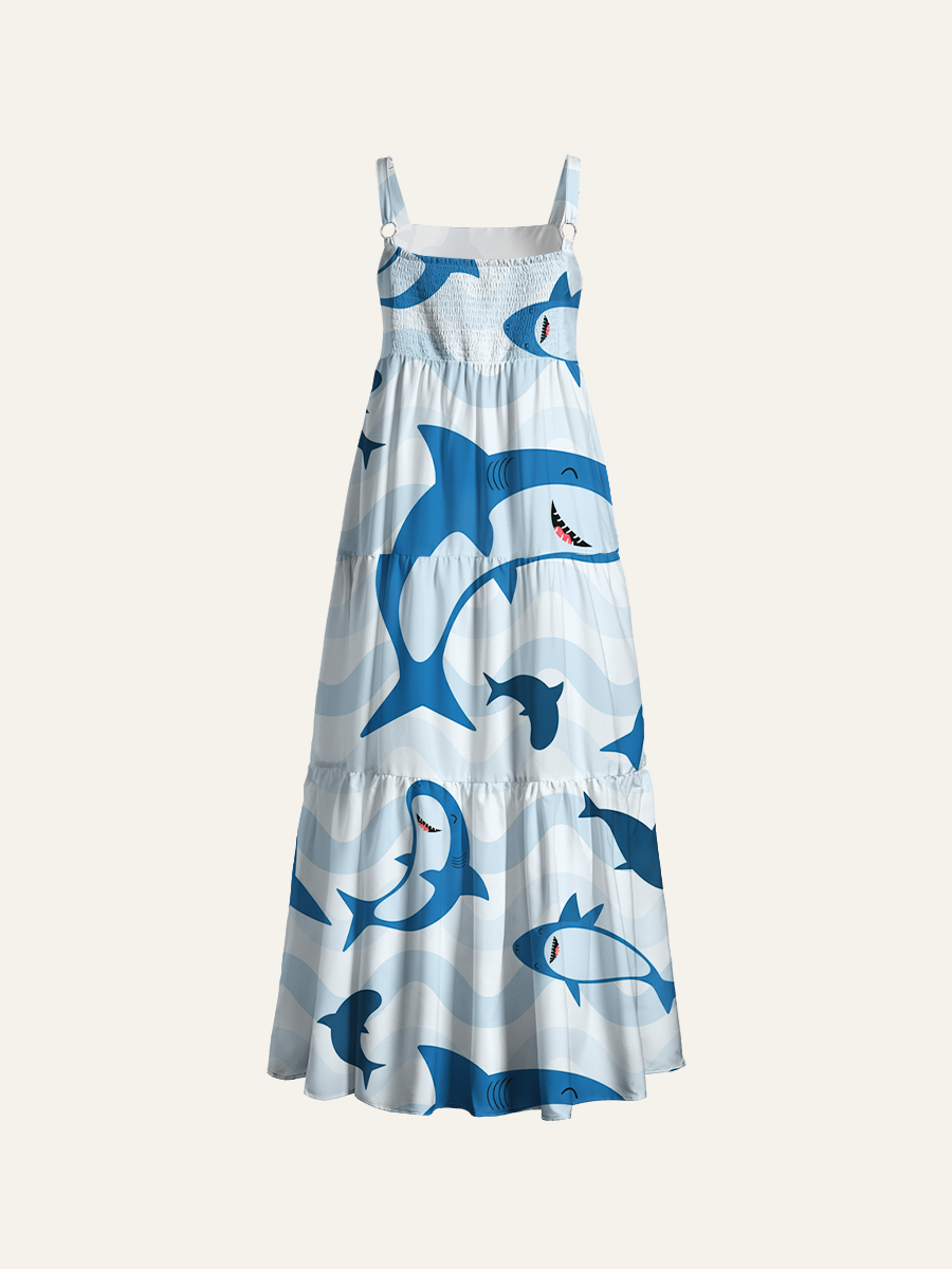 Cute Cartoon Shark Adjustable Wide Straps Maxi Dress