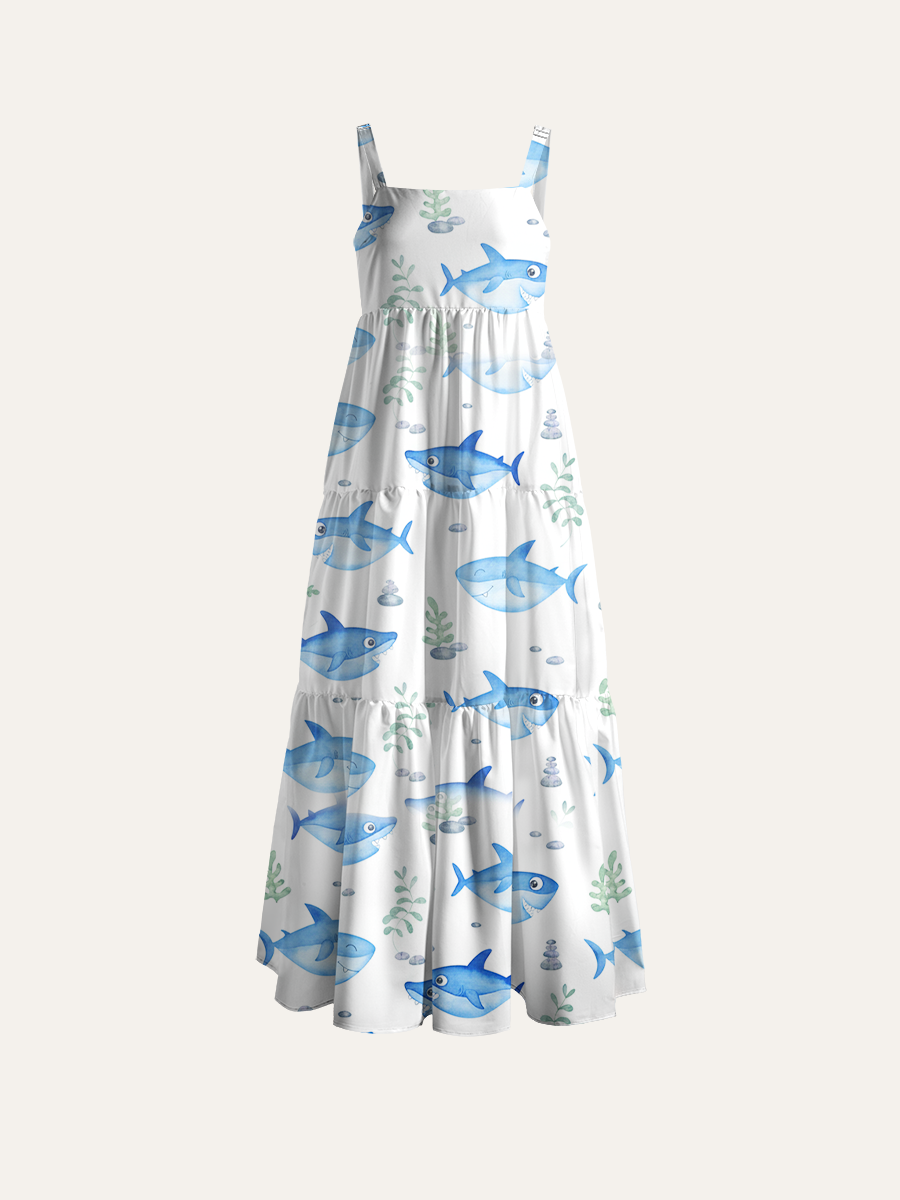 Watercolor Shark Adjustable Wide Straps Maxi Dress