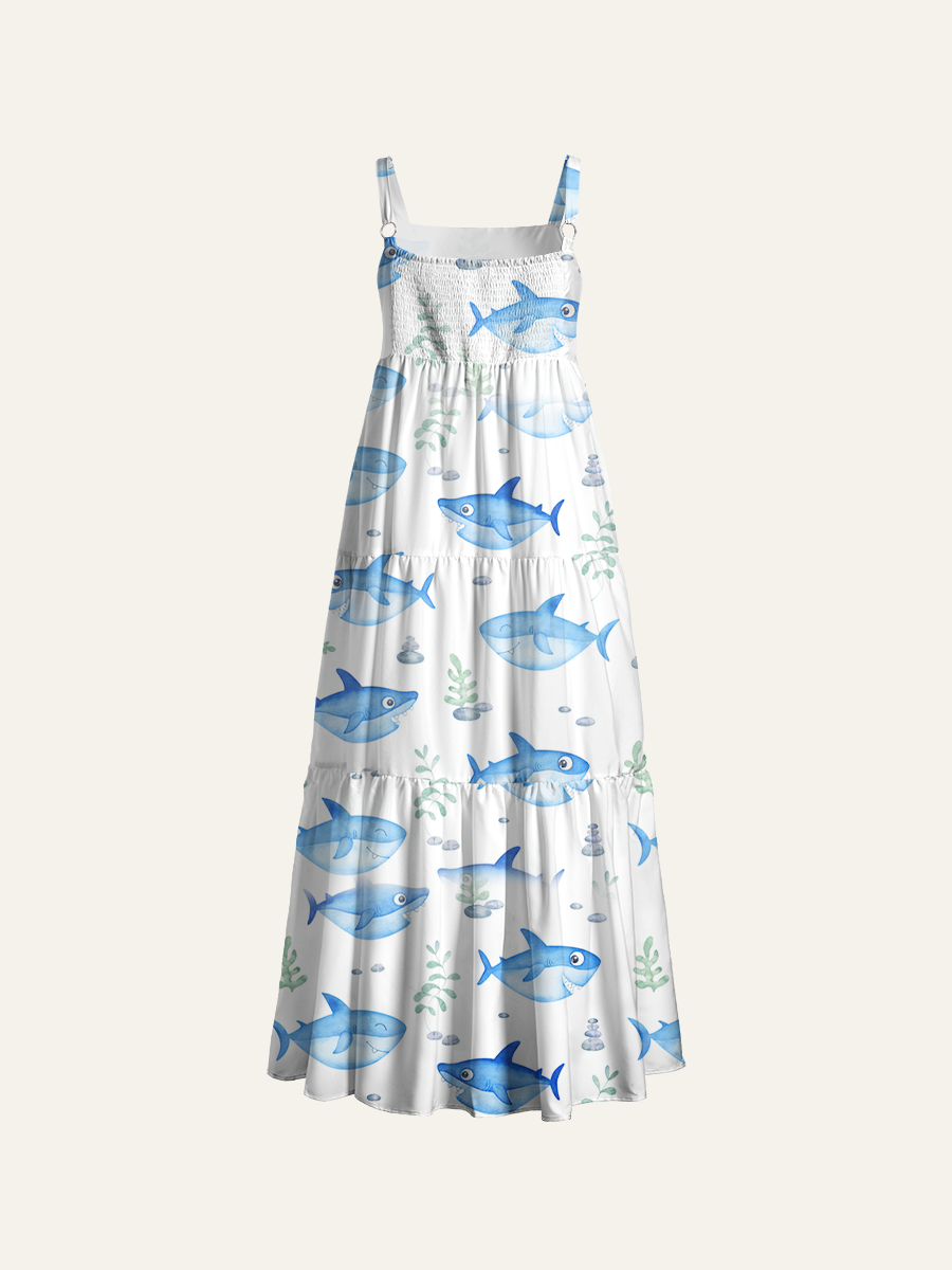 Watercolor Shark Adjustable Wide Straps Maxi Dress