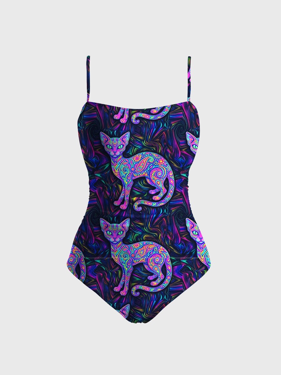 Vintage Bohemian Sugar Skull Sphynx Cats With Paisley One Piece Slim-Strap Swimsuit