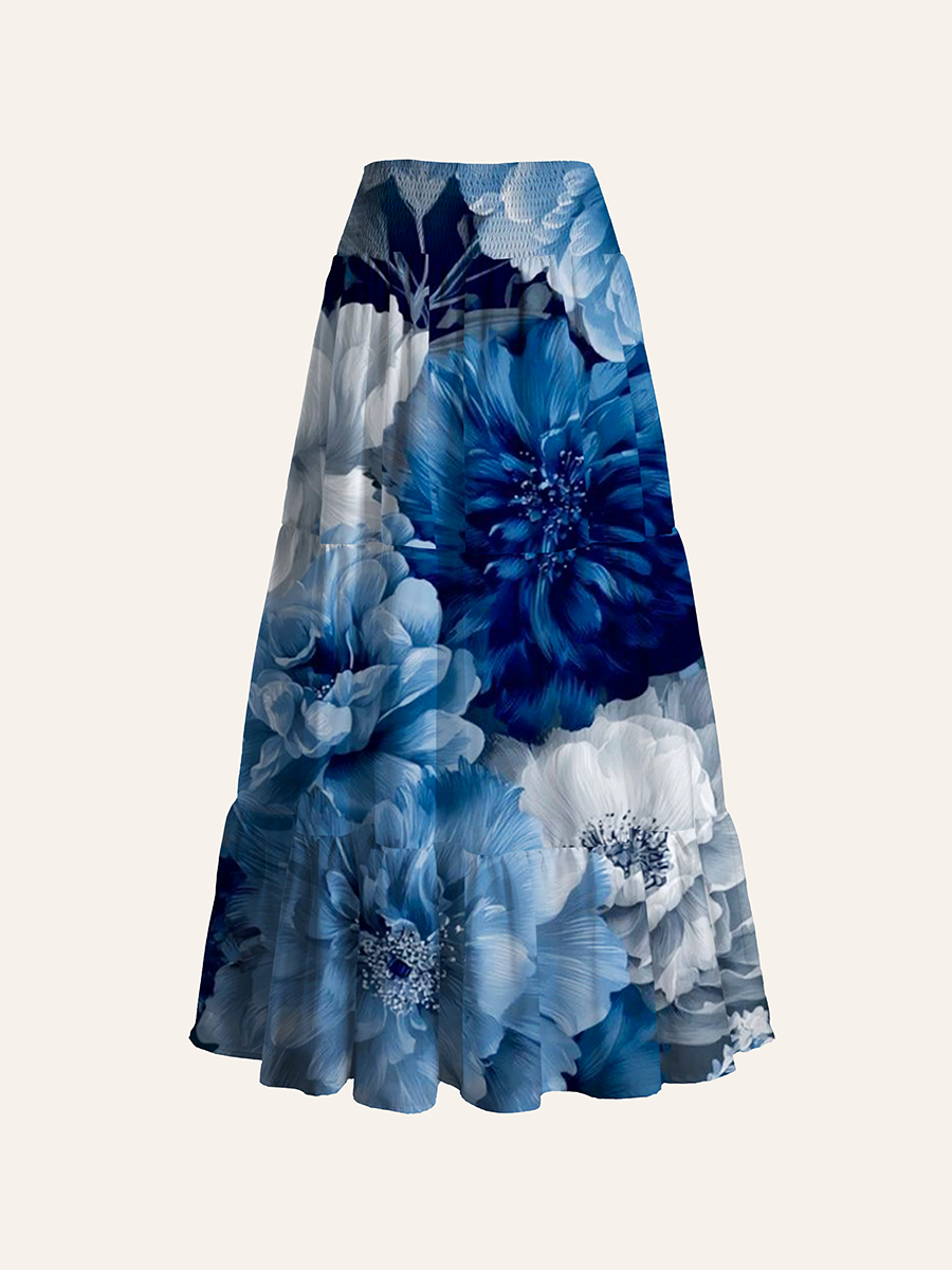 Indigo Blue and White Peony Watercolor Convertible Maxi Skirts