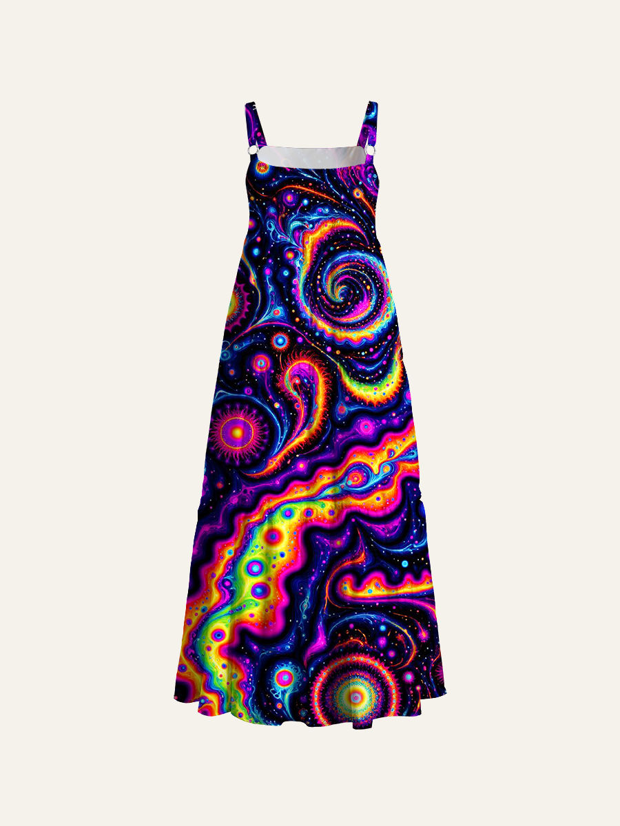 Neon Cosmic Swirls Adjustable Wide Straps Maxi Dress