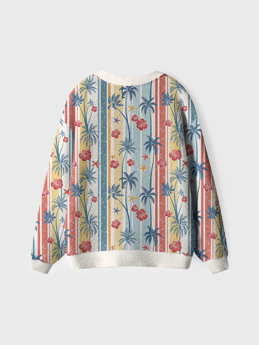 Vintage Tropical Palm Striped Pop Cardigan Sweaters