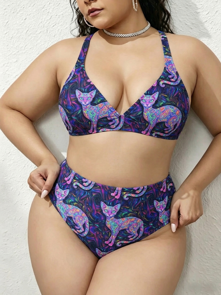 Vintag Bohemian Sugar Skull Sphynx Cats With Paisley Strappy Two-Piece Swimsuit