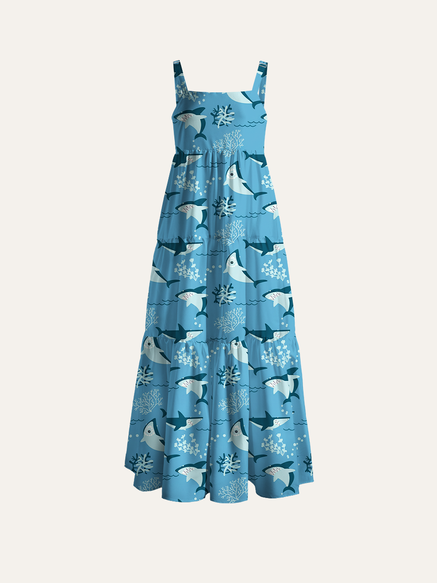 Bold Flat Color Shark Adjustable Wide Straps Maxi Dress