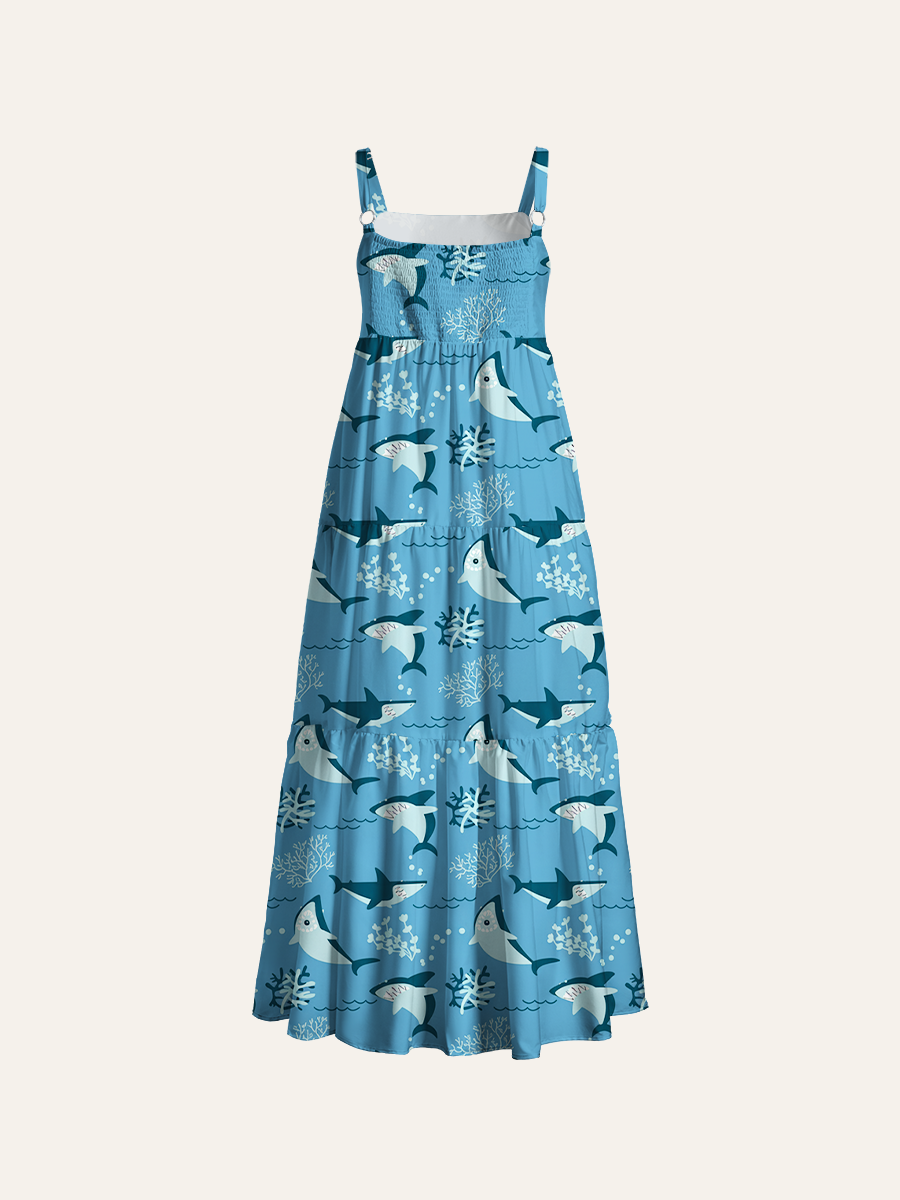 Bold Flat Color Shark Adjustable Wide Straps Maxi Dress