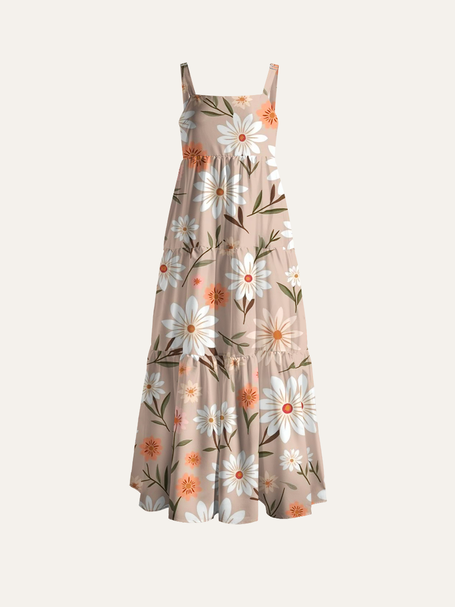 Soft Boho Daisy Adjustable Wide Straps Maxi Dress