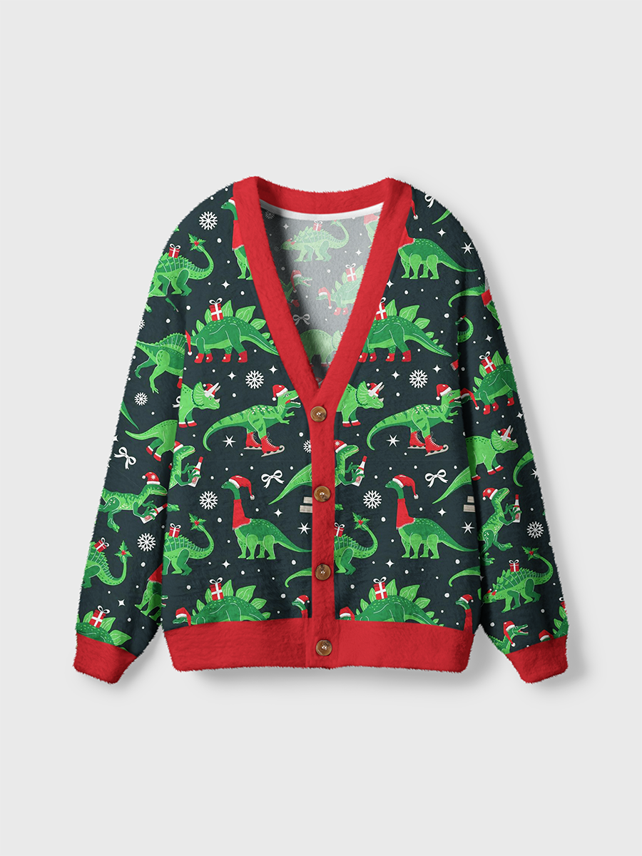 Vintage Sporty Christmas Dino Group Snowflake Cardigan Sweaters
