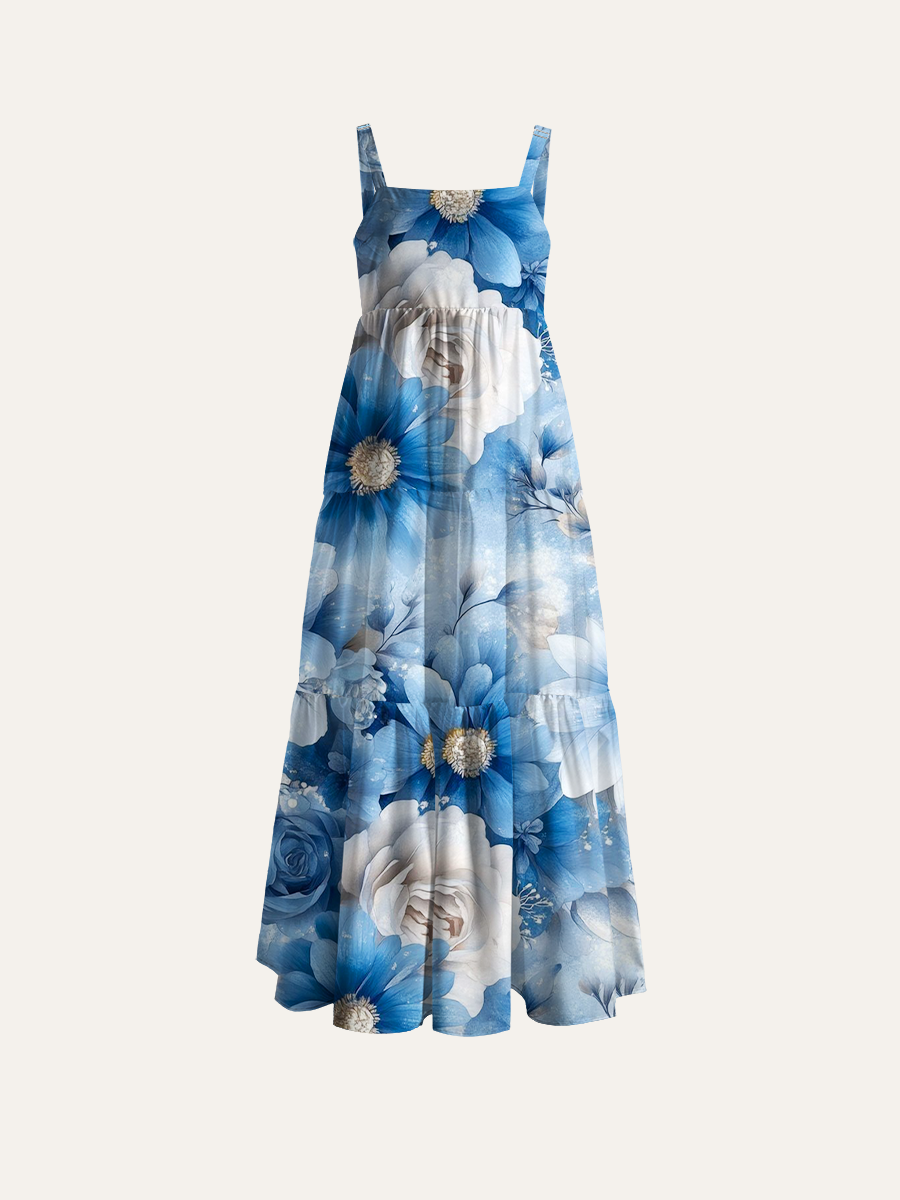 Elegant Floral Adjustable Wide Straps Maxi Dress