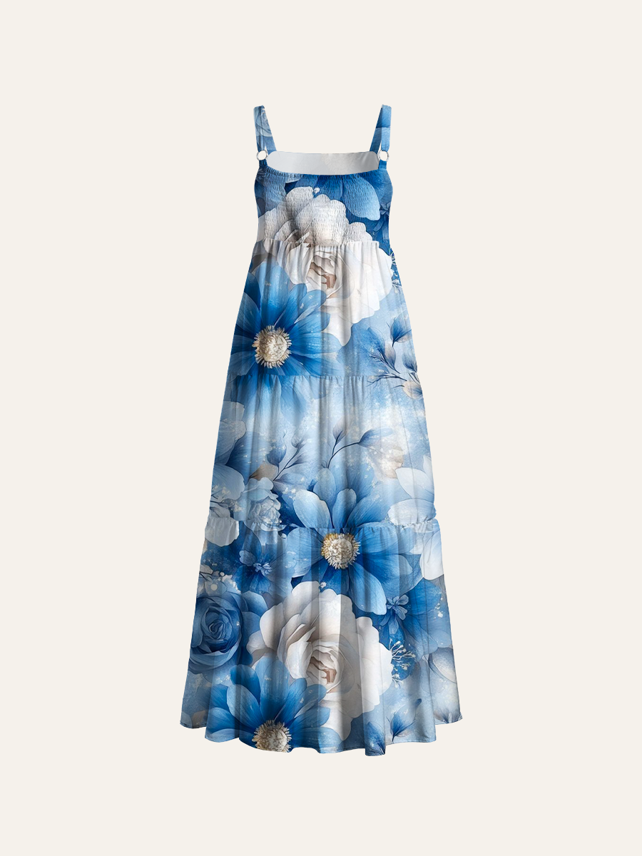 Elegant Floral Adjustable Wide Straps Maxi Dress