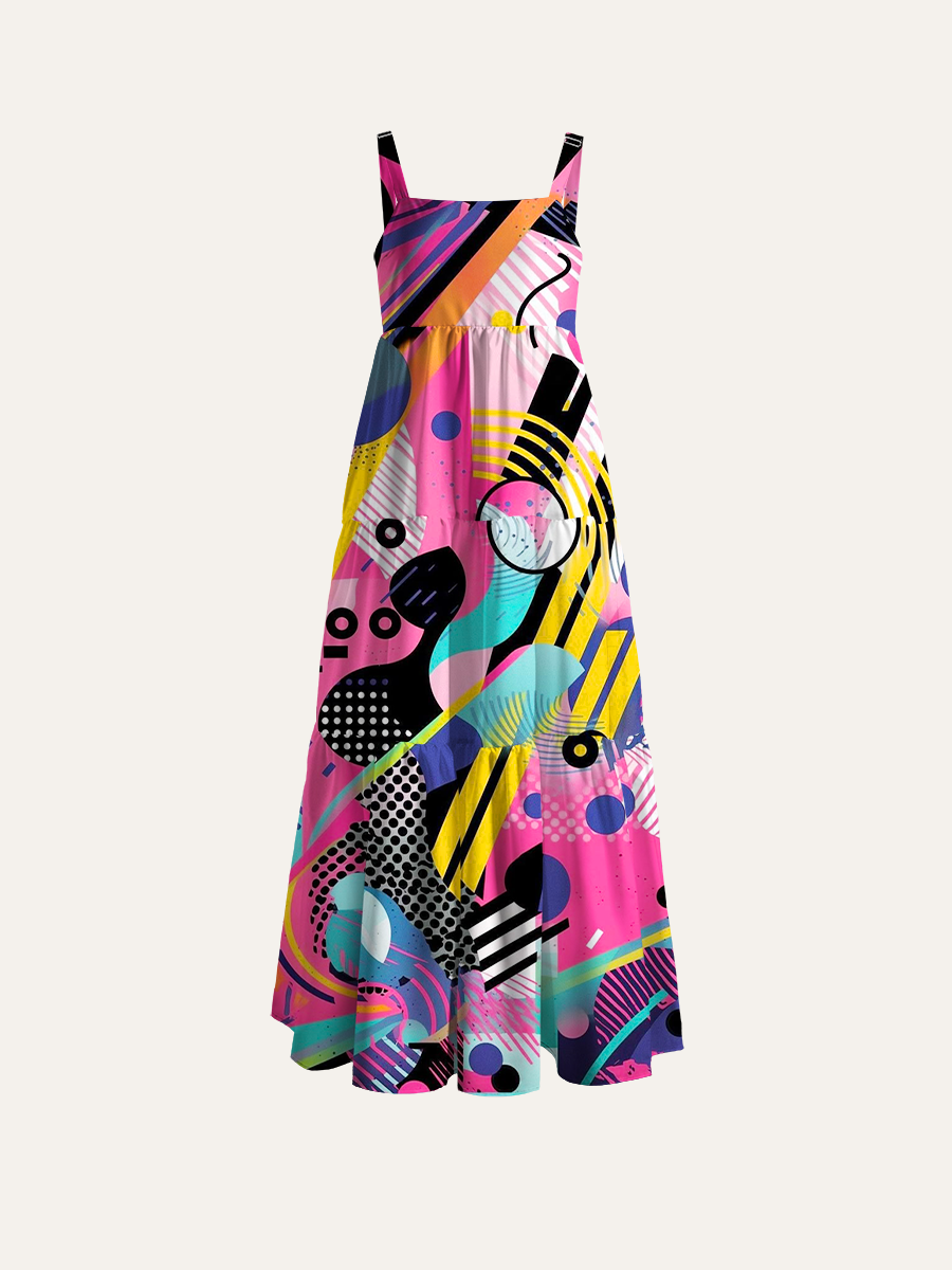 80s Memphis Style Geometric Graffiti Streetwear Adjustable Wide Straps Maxi Dress