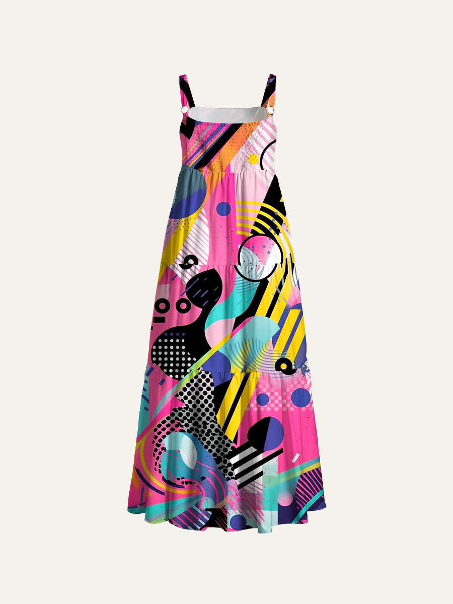 80s Memphis Style Geometric Graffiti Streetwear Adjustable Wide Straps Maxi Dress